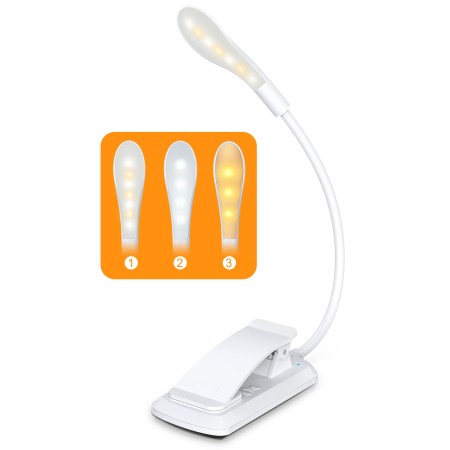 CIRYCASE Luz Lectura con Clip, Lampara Libro de Lectura USB Recargable para El Cuidado de Los Ojos, Luz Pinza con 7 LED de 3 Niveles de Brillo (Cálido y Frío), Interruptor Táctil, 360° Ajuste Flexible