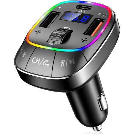 CIRYCASE Bluetooth Car Adapter, [PD 30W+QC 3.0] [Stronger Dual Mic & Bass Boost] Bluetooth 5.0 FM Transmitter for Car, Wireless Radio Adapter Hands-Free Car Kit with Stunning 8 Colors Backlit & U Disk