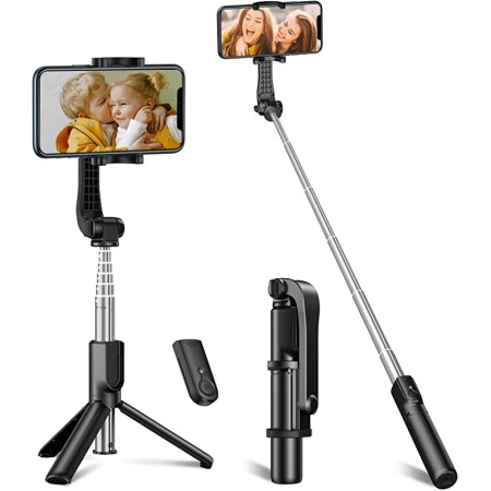 CIRYCASE Tripode para Movil, 3 en 1 Extensible & Portátil Selfie Stick con Control Remoto Bluetooth Desmontable, 360° Rotación & Ultra Estable Mini Palo Selfie Tripode Compatible con iPhone/Samsung